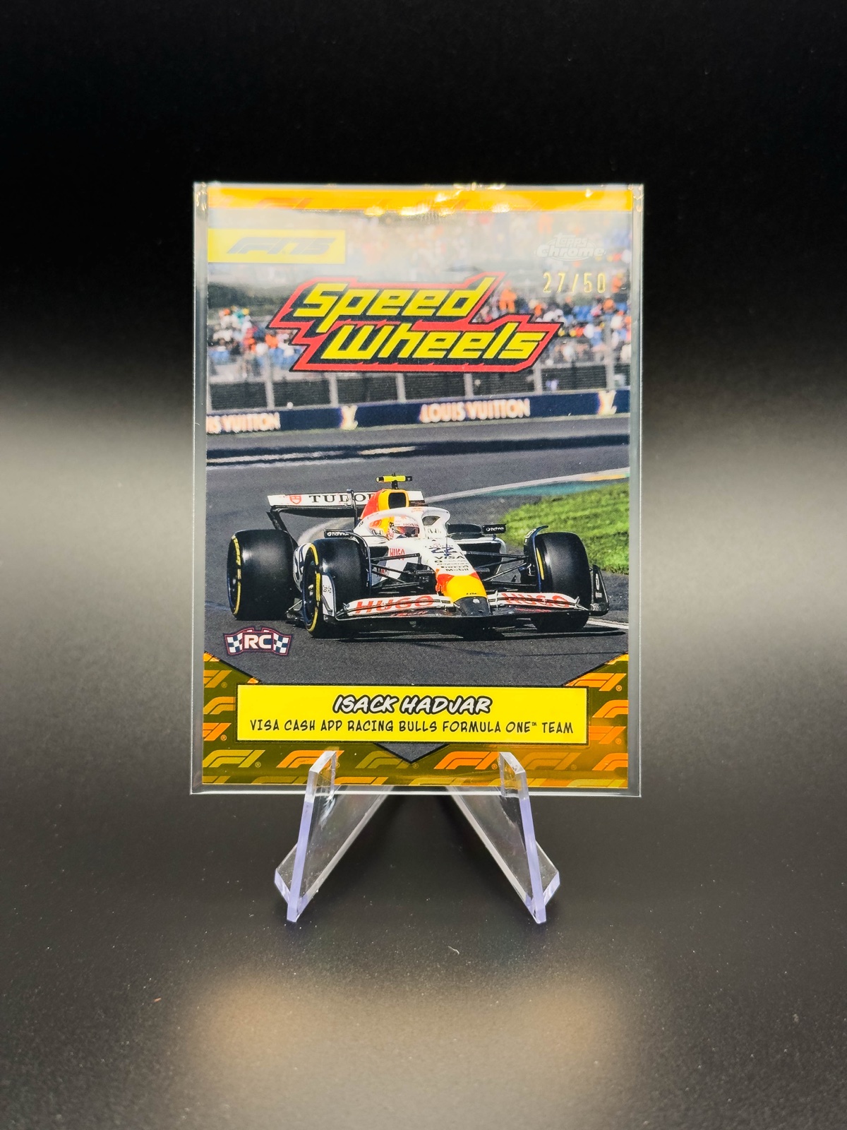 2025 Topps Chrome F1 Isack Hadjar RC Speed Wheels #75-VCARB Gold /50