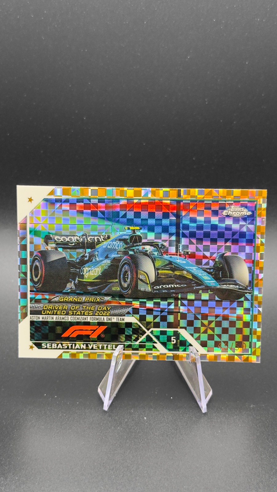 2023 Topps Chrome F1 Sebastian Vettel #184 Driver of the Day, Gold Checker /50