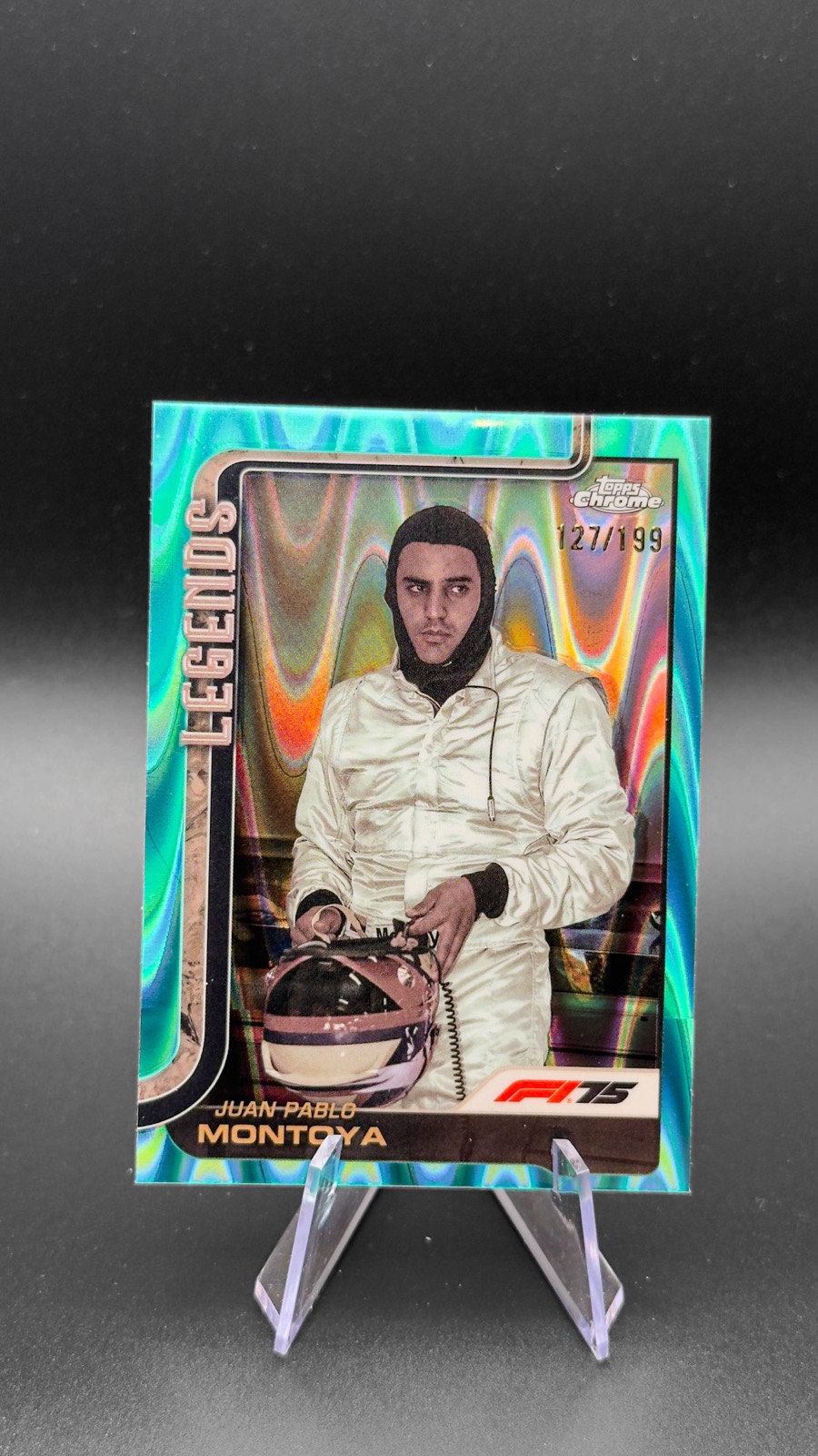 2025 Topps Chrome F1 Juan Pablo Montoya #156 F1 Legends, Aqua RayWave Ref /199