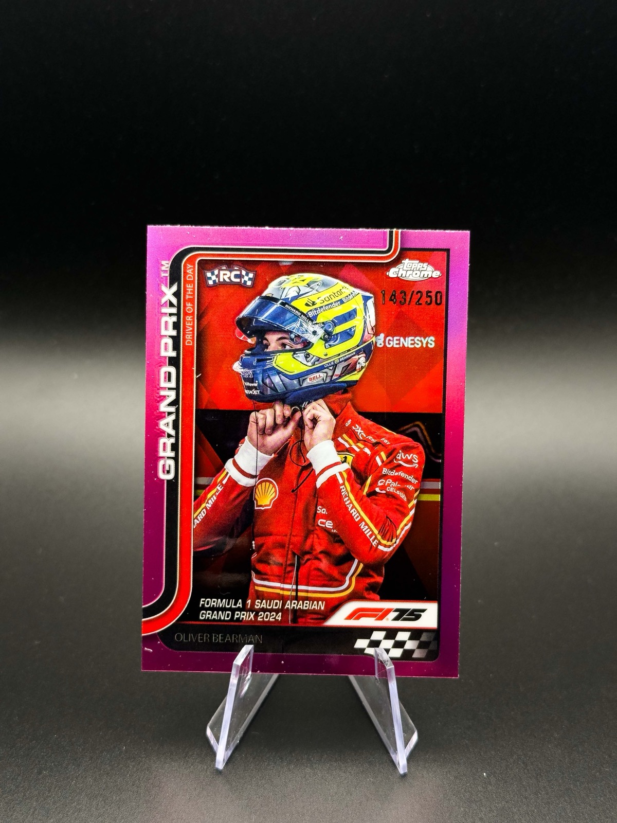 2025 Topps Chrome F1 Oliver Bearman #123 Driver of the Day, Pink Ref /250 RC
