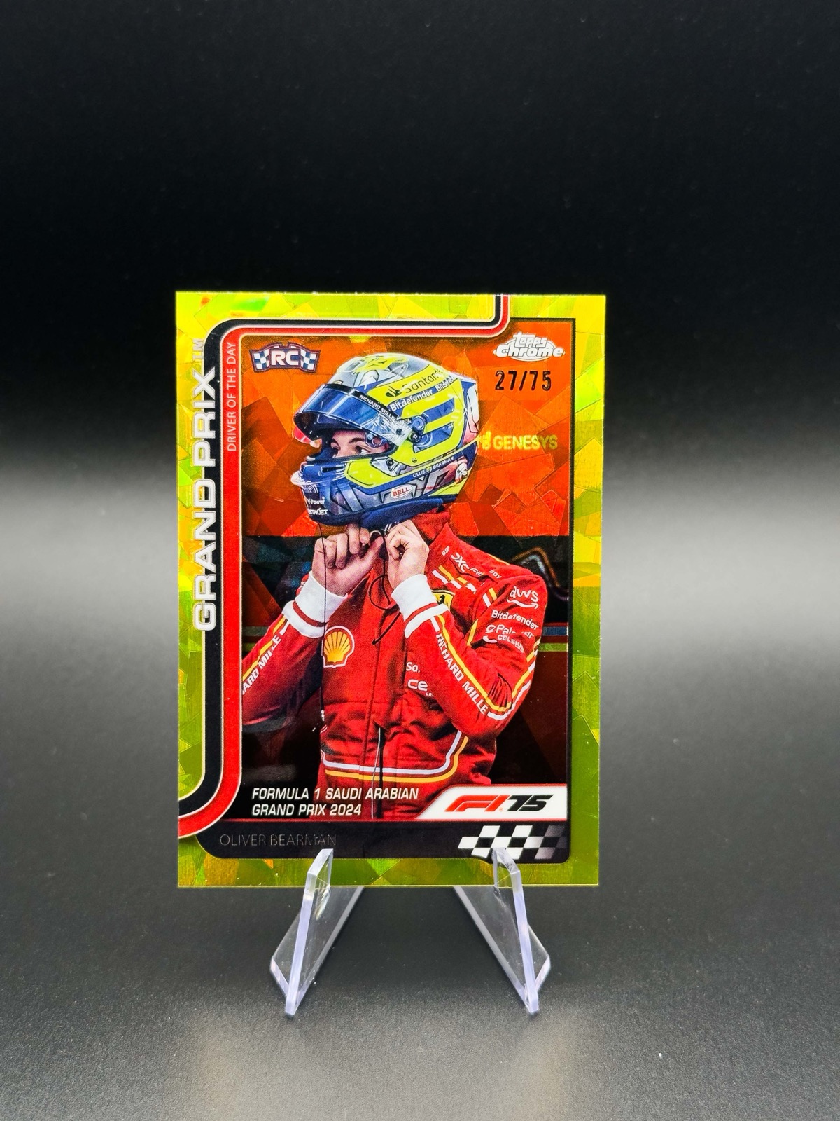 2025 Topps Chrome F1 Oliver Bearman #123 Driver of the Day, Gold Sapphire /75 RC